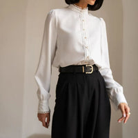 Womens Designer White Lace Long-Sleeve Blouse With Embellished Edges