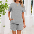 Crew-neck Slit Loose-fitting Top T-shirt With Pockets And Drawstring Shorts