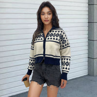 Women's Contrast Color Jacquard Weave Zip Knitwear