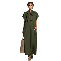 Military-green Cotton-linen Blend Tie-waist Short-sleeve Maxi Dress