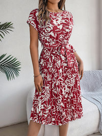 Women's Elegant Floral Print Short Sleeve Flowy Pleated Dress