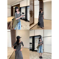 Summer U-neck Striped T-shirt Women's Elastic Mid-sleeve Top