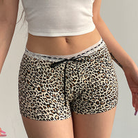 European And American Leopard Print Lace Stitching Lace Casual Shorts Low Waist Lace-up Bow Slim Fit