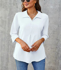 Solid-color Lapel-neck Slit Peplum Three-quarter-sleeve Womens Shirt