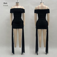 Off-the-shoulder Pleated Flowing Ribbon-fit Mini Dress