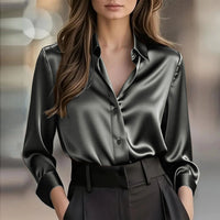 Elegant Satin Long Sleeve Blouse For Women Button-Up Collar Shirt Perfect For Casual Professional Business Work Wear Women's Clothing