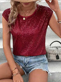 Party Round Neck Sleeveless Top Women's Sequined T-shirt