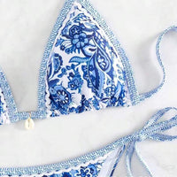Blue And White Porcelain Printed Exercise Bikini Open Back Swimsuit Suit