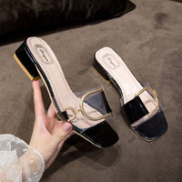 Thick High Heel Slippers With Metal Buckle For Women