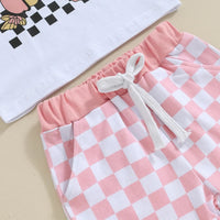 English Letter Short Sleeve Tie-neck Plaid Shorts Children Suit