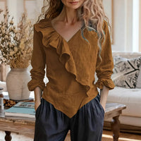 Womens Solid-Color V-Neck Casual Top With Ruffle Long Sleeves