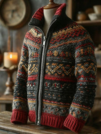 Christmas 3D-printed Chunky-knit Fabric Zip-up Sweater