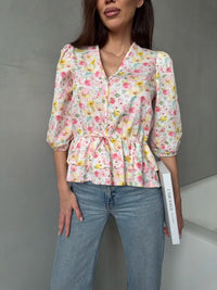 Drawstring Laced Puffed Sleeve V Neck Women's Blouse