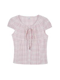 Lace-up Bow Puff Sleeve Retro Plaid Shirt