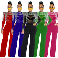 Arrival Hot-Stone Embellished Tassel-Trimmed Shoulder Design Sheer Polyester Mesh Patchwork Jumpsuit