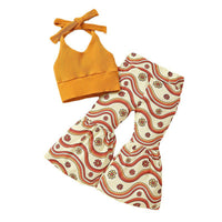 Girls' Knitted Sling Backless Tube Top Top Wave Flower Bell-bottom Pants Suit