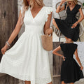 Lotus-Leaf Sleeve V-Neck Hollow-Out Embroidered Dress
