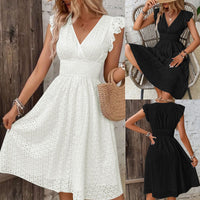 Lotus-Leaf Sleeve V-Neck Hollow-Out Embroidered Dress