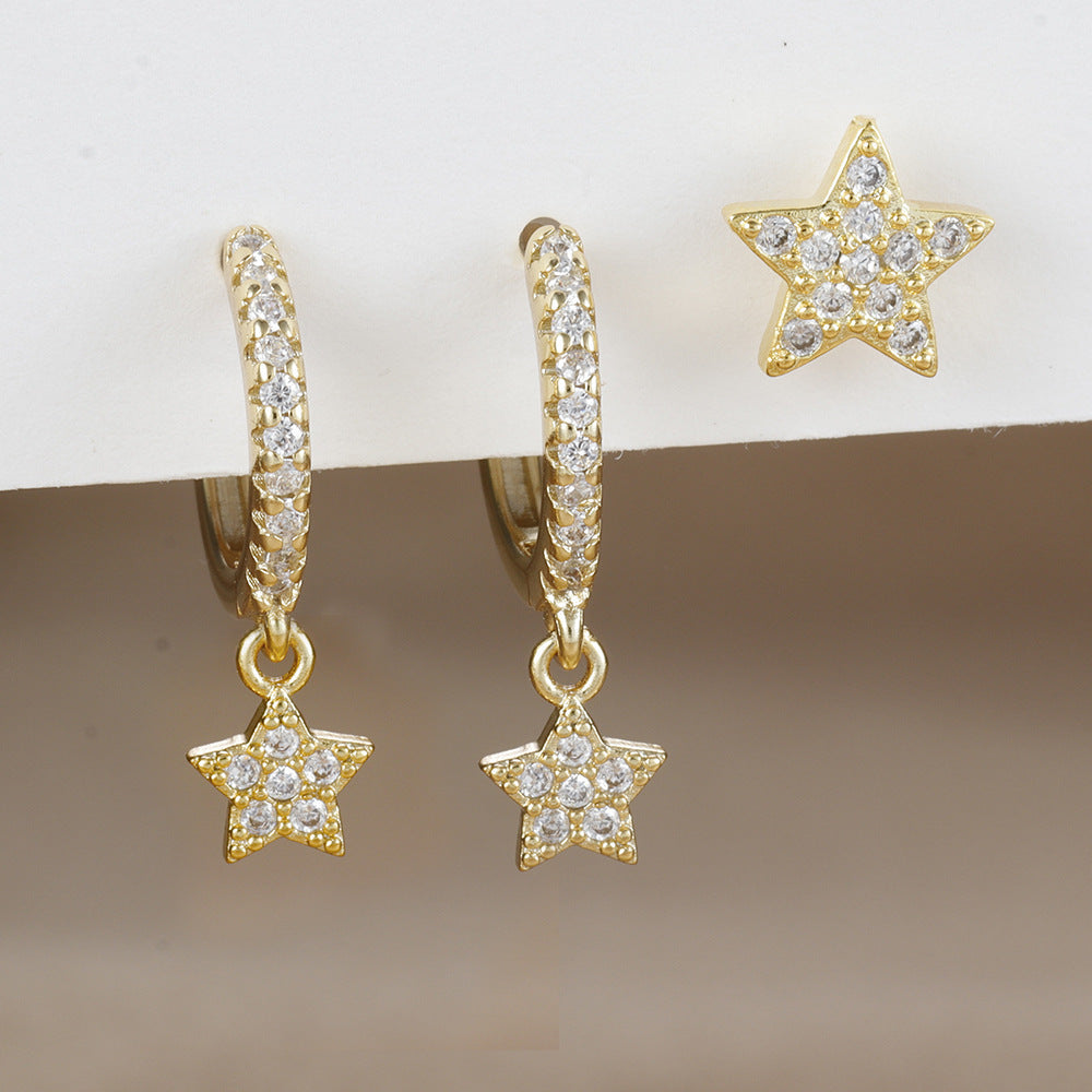 18K Real Gold Electroplated Zircon Moon Studs Three-piece Set