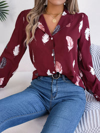 Women's Elegant Feather Print Notched Lapel Long Sleeve Shirt