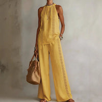 Womens Retro Lace Sleeveless Top And Wide-Leg Pants Two-Piece Set