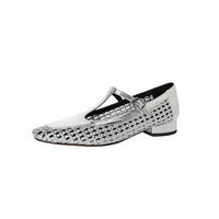 Mid Heel Authentic Leather Silver Mary Jane Shoes Sandals New