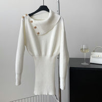 Pure Desire Style Oblique Shoulder Long Sleeve Knitted Dress For Women