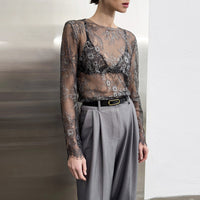 French-style Chic Sexy And Elegant T-shirt Sheer Solid-color Lace Top