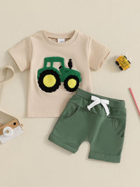 Toddler Boys Summer Outfits Truck Embroidered Round Neck