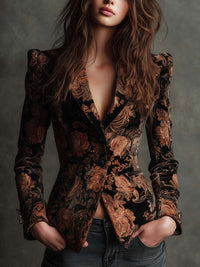 Womens Lapel Collar Long-Sleeve Digital-Print Floral Blazer