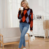 Comfortable And Warm Diamond Pattern Color Block Round Neck Long Sleeve