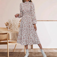 Small-floral Elastic-waist High-neck Long-sleeve Dress