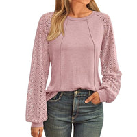 Women's Lace Patchwork Round Neck Pleated Long Sleeve Top
