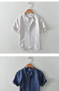 Stand Collar Pullover T-shirt Short Sleeve Men's Casual Cotton Linen Shirt