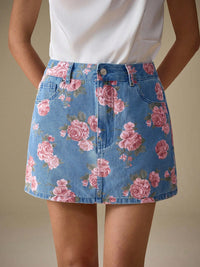 Versatile Casual Floral Fashion Denim Skirt With A Rose Print