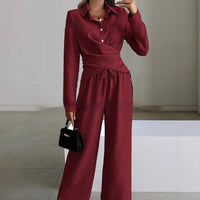 Women's Elegant Shirt Top And Wide-Leg Pants Two-Piece Set