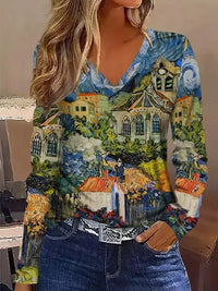 New Stylish Casual Geometric V-Neck Long-Sleeve T-Shirt