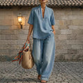 Retro V-neck Denim Set Womens Loose Half-sleeve Top And Wide-leg Pants Two-piece Set