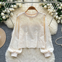 Womens Lantern-Sleeve Crew-Neck Sweatshirt With Embroidery Loose Fit