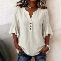 Solid-color V-neck Three-quarter-sleeve Ruffled Casual Cotton-linen Top
