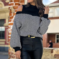 Women's Mid-collar Striped Off-the-shoulder Knitted Sweater