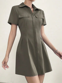 Mid-length Designer-style Pleated Waist-cinched Shirt Dress With A Lapel Collar
