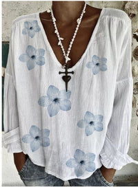 Solid Color And V-neck Long-sleeved Exquisite Linen T-shirt Shirt