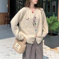 Women's Sweet Round Neck Color Buckle Puppy Pattern Long-sleeved Sweater Cardigan