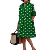 Elegant Polka-dot Printed Shirt-collar Mid-length Dress With Long Sleeves