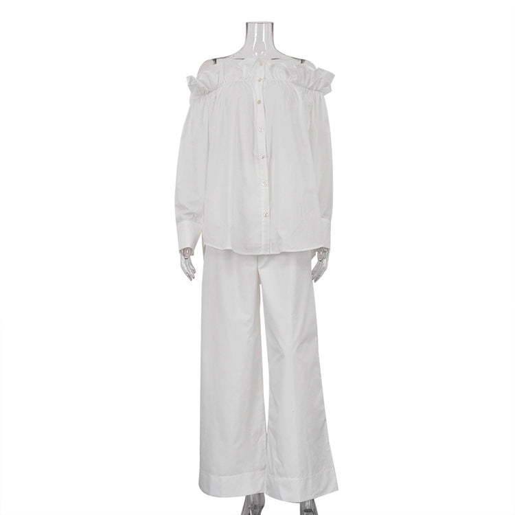 Ruffled Off-shoulder Cardigan White Shirt Loose Wide Leg Pants Suit