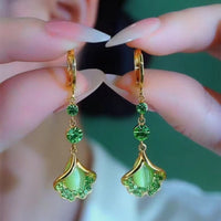 Luxury High-end Green Ginkgo-leaf Cats-eye Stone Long Tassel Earrings