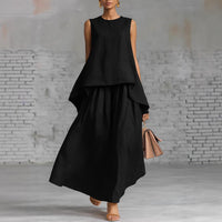 Elastic-waist Sleeveless Top With An Asymmetrical Hem And A Pleated Maxi Skirt