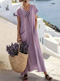 Casual V Neck Lace Up Solid Color Womens Dress
