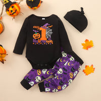 Boys' Black Round Neck Long Sleeve Letter Printed Romper Purple Printed Trousers Infant Children's Suit